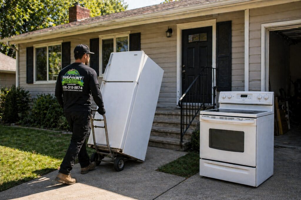 Discount Junk Hauling crew member hauling a refrigerator from a house in San Gabriel